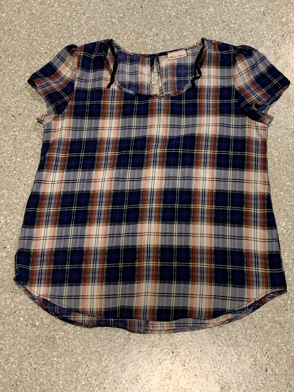 #700 "Fashion Magazine" Plaid Short Sleeve Scoop Neck Blouse - Blue, White, Rust